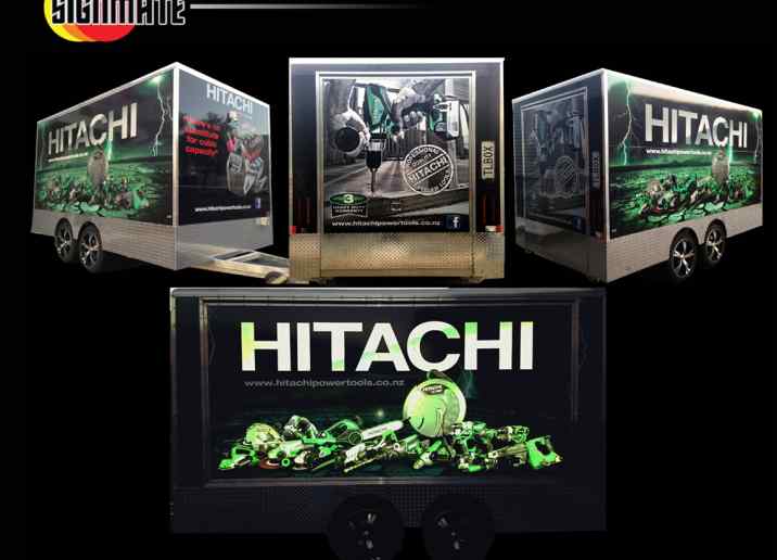 Hitachi back trailer commercial graphic, reflective vinyl, 3M vinyl cutting, full car wrapping, high quality digital print and cut, air release laminating
