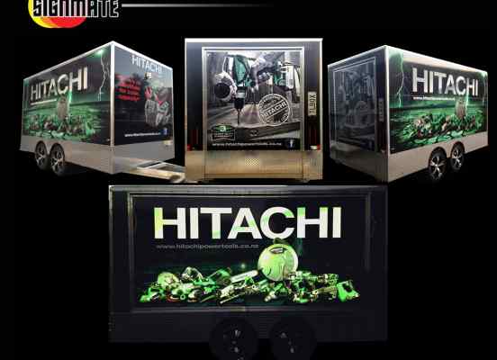 Hitachi back trailer commercial graphic, reflective vinyl, 3M vinyl cutting, full car wrapping, high quality digital print and cut, air release laminating